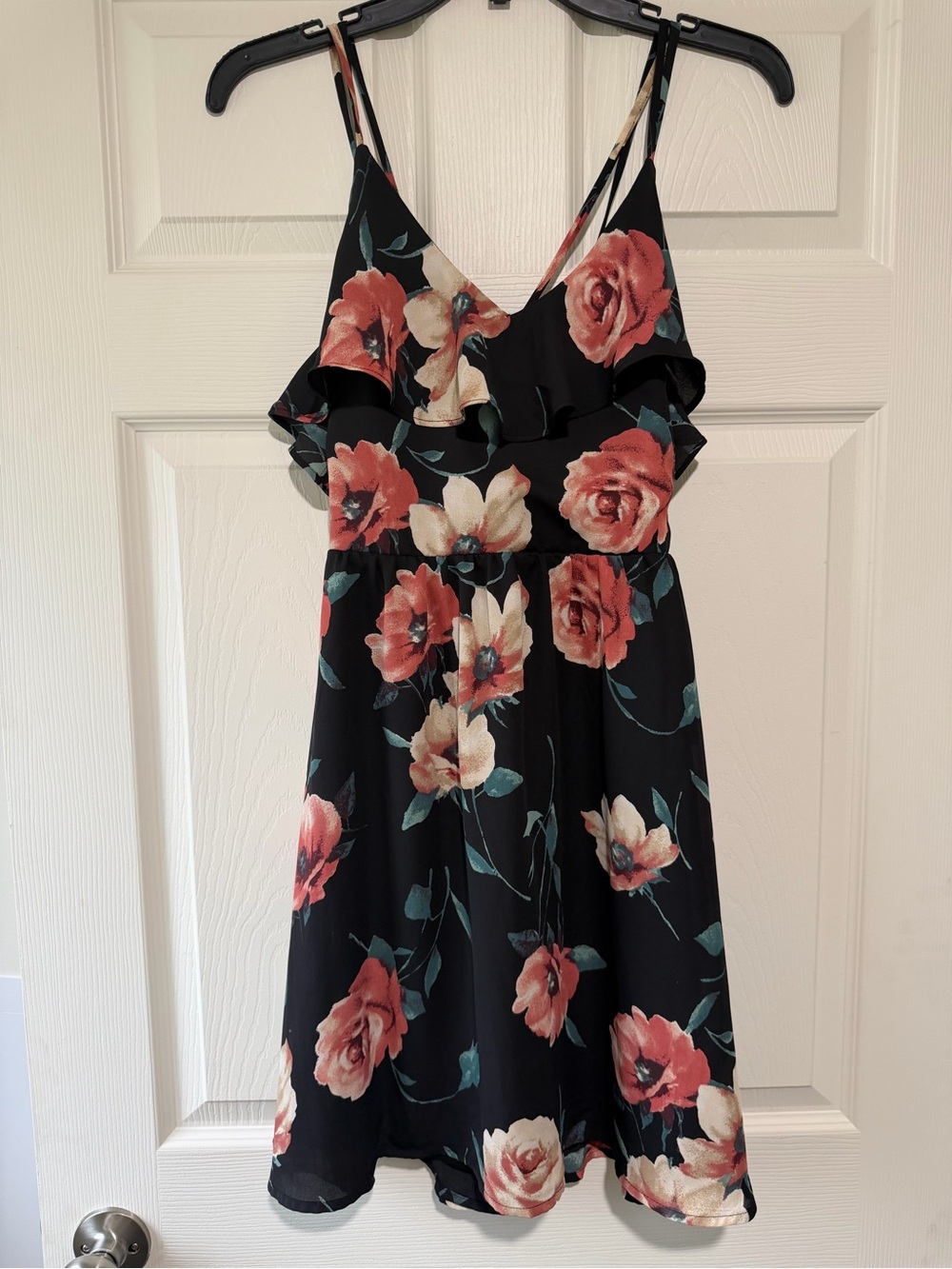 Xhilaration Black Mini Dress with Coral & Cream Floral Print
